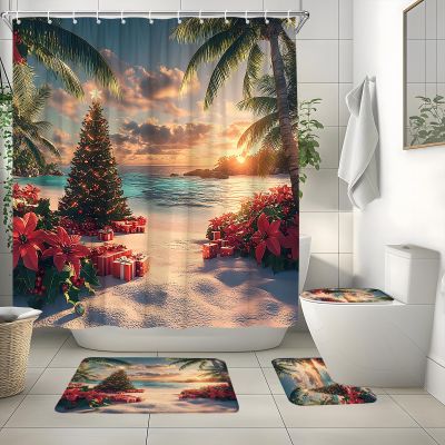 4 Pcs Christmas Beach Shower Curtain Set Xmas Tree Palm Trees Red Floral Tropical Coastal Winter Hawaii Seacoast Modern Bathroom Decor Bath Mat Toilet Cover Mat U Mat with 12 Hooks