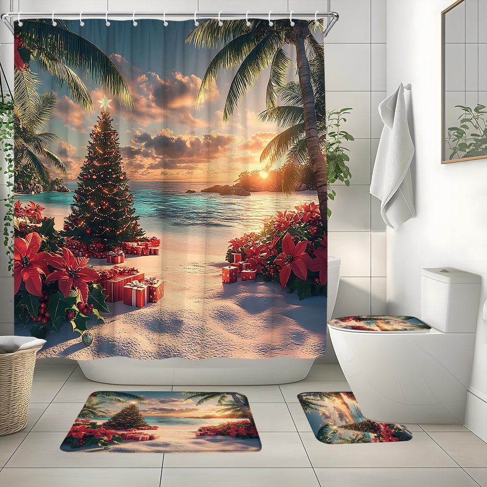 4 Pcs Christmas Beach Shower Curtain Set Xmas Tree Palm Trees Red Floral Tropical Coastal Winter Hawaii Seacoast Modern Bathroom Decor Bath Mat Toilet Cover Mat U Mat with 12 Hooks