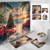 4 Pcs Christmas Beach Shower Curtain Set Xmas Tree Palm Trees Red Floral Tropical Coastal Winter Hawaii Seacoast Modern Bathroom Decor Bath Mat Toilet Cover Mat U Mat with 12 Hooks view 2