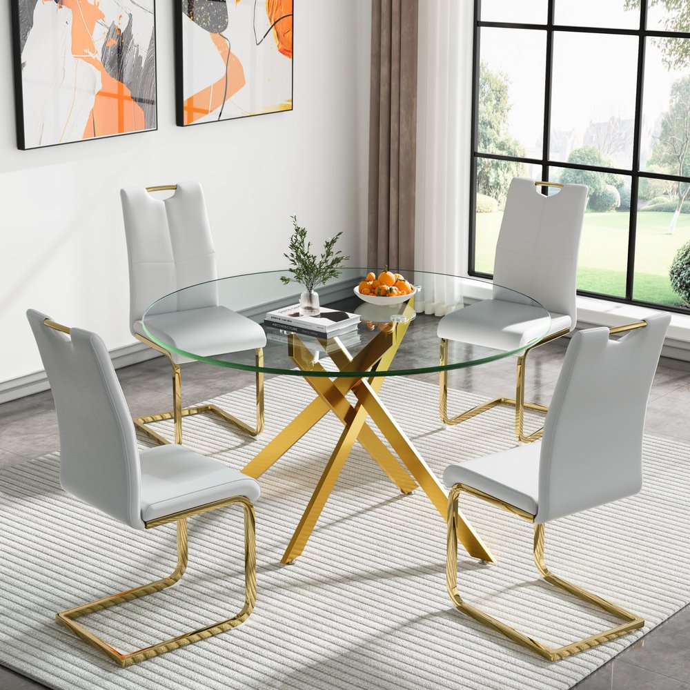 5-Piece Round Dining Table Set, 47.25" Tempered Glass Kitchen Table Chairs Set of 4, Gold Dining Room Table with White Leather Upholstered Chairs,Space Saving Furniture for Dining Room Kitchen