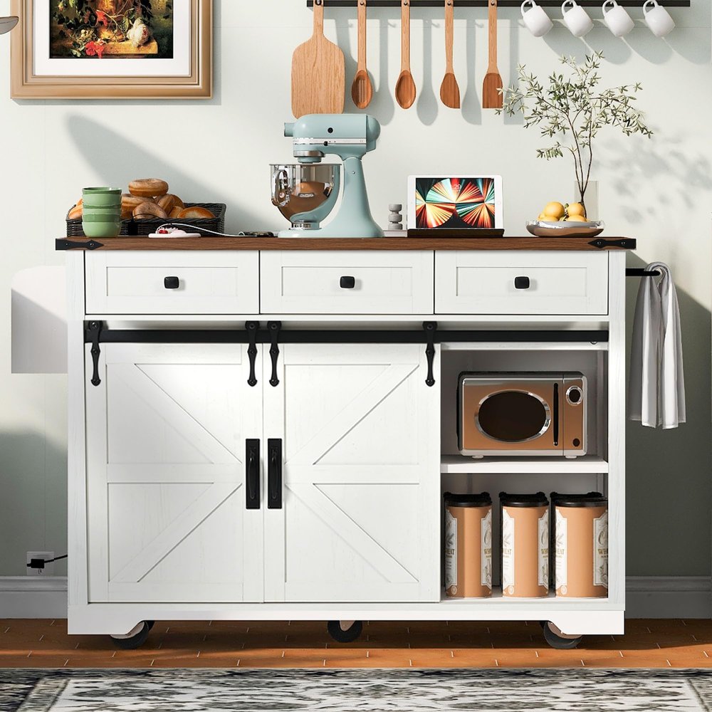 53.7" Farmhouse Kitchen Island with Power Outlet, 2 Sliding Barn Door Kitchen Storage Island with Drop Leaf, Spice Rack Rolling Kitchen Cart on Wheels,for Kitchen