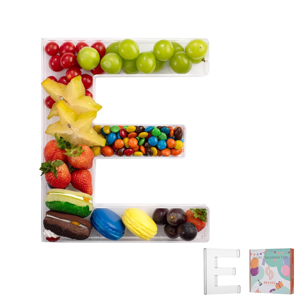 11" Clear Acrylic Letter & Number Charcuterie Tray-Reusable Fillable Alphabet Box for Displaying Candy,Cake,Snacks Party Dessert Serving Plate for Birthday, Wedding Anniversaries, Baby Shower (E)