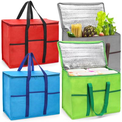 Foraineam 4 Pack Insulated Reusable Grocery Shopping Bags, Foldable Cooler Bag Food Delivery Bags with Hard Bottom Insert and Zippered Top, Stands Upright, Cooler Totes for Hot or Cold Food Transport