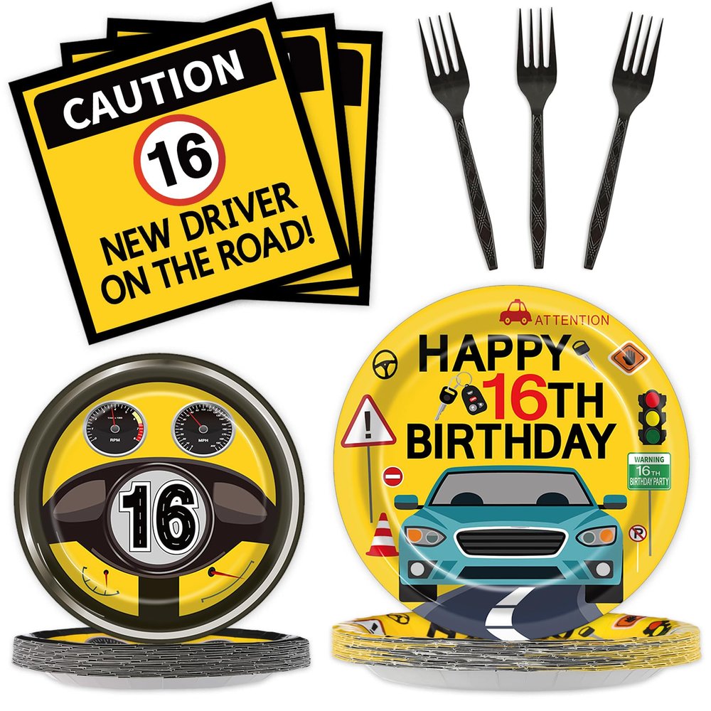 100 Pcs Drivers License 16th Birthday Party Decorations New Driver Car Plates and Napkins Set Disposable Racing 16 Years Old Paper Tableware for Boys Learner Driver Theme Supplies Serves 25