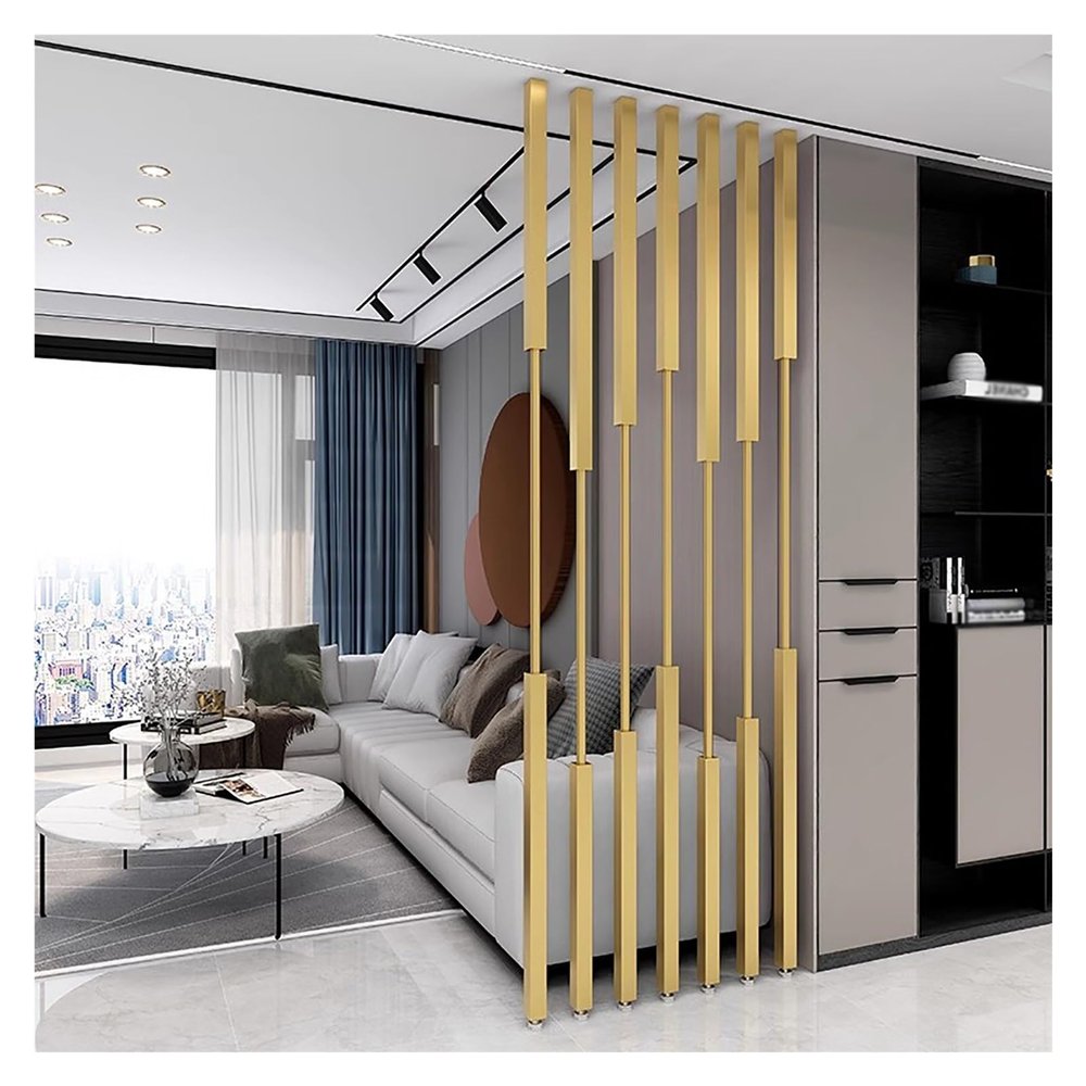 YLLFFLL Custom Size Gold Metal Wall Partition Post No Drilling, 8 Pack Floor to Ceiling Room Divider Pole, Hallway Stairs Living Room Offices Modern Wall Seperators for Room(Style2,4.2ft(50.4in))