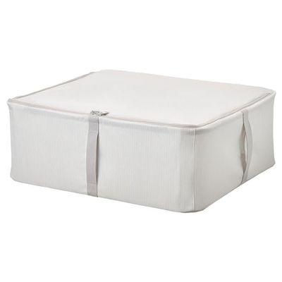 Medium Foldable Storage Case Fabric Stripe White & Gray Organizer with Zipper Closure, 17.25x20x7.5 Inches Space-Saving Bin for Clothes, Linens & Accessories