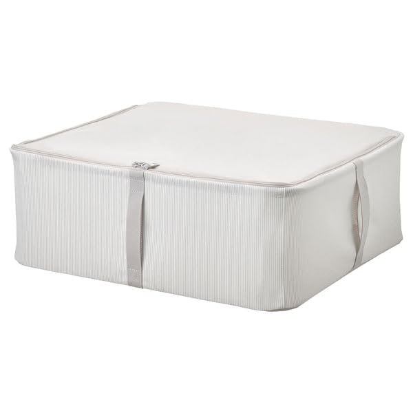 Medium Foldable Storage Case Fabric Stripe White & Gray Organizer with Zipper Closure, 17.25x20x7.5 Inches Space-Saving Bin for Clothes, Linens & Accessories