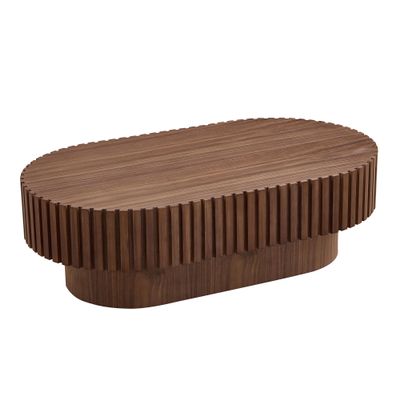 43.70 Inch Walnut Oval Drum Coffee Table for Living Room, Contemporary Olive Shape Wooden Handcrafted Relief Tea Table for Apartments, Farmhouse Accent Pedestal Fluted Coffee Table, Easy Assembly