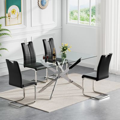 5 Piece Glass Dining Table Set with 4 Chair, 60.6in Rectangle Dining Room Table Set for 4, Sturdy Metal Legs, Glass Kitchen Table and Chair Set for 4, Modern Home Kitchen Furniture