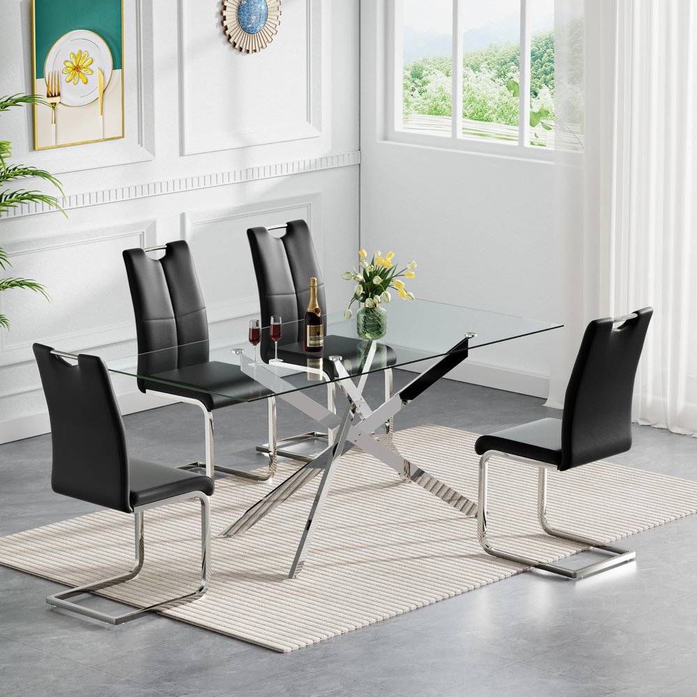 5 Piece Glass Dining Table Set with 4 Chair, 60.6in Rectangle Dining Room Table Set for 4, Sturdy Metal Legs, Glass Kitchen Table and Chair Set for 4, Modern Home Kitchen Furniture