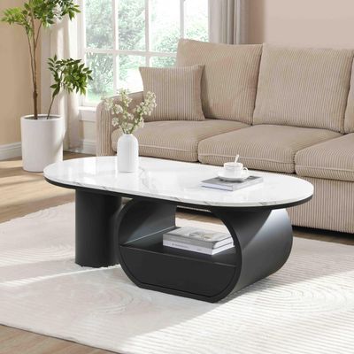 47.24'' Modern Coffee Table, Luxury Oval Coffee Table with Storage Drawer and Shelf, Faux Marble Top, Metal Center Table for Living Room (Black+White)