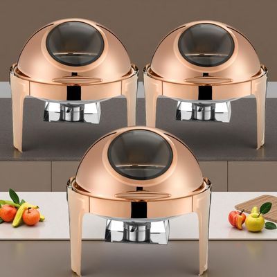 HONHPD 3 Pack 6.5 Qt Roll Top Chafing Dish Buffet Set, Stainless Steel Chafer with 3 Full Size Pans, Round Catering Warmer Server with Lid Water Pan Stand Fuel Holder,Newly Upgraded Rose Gold Color