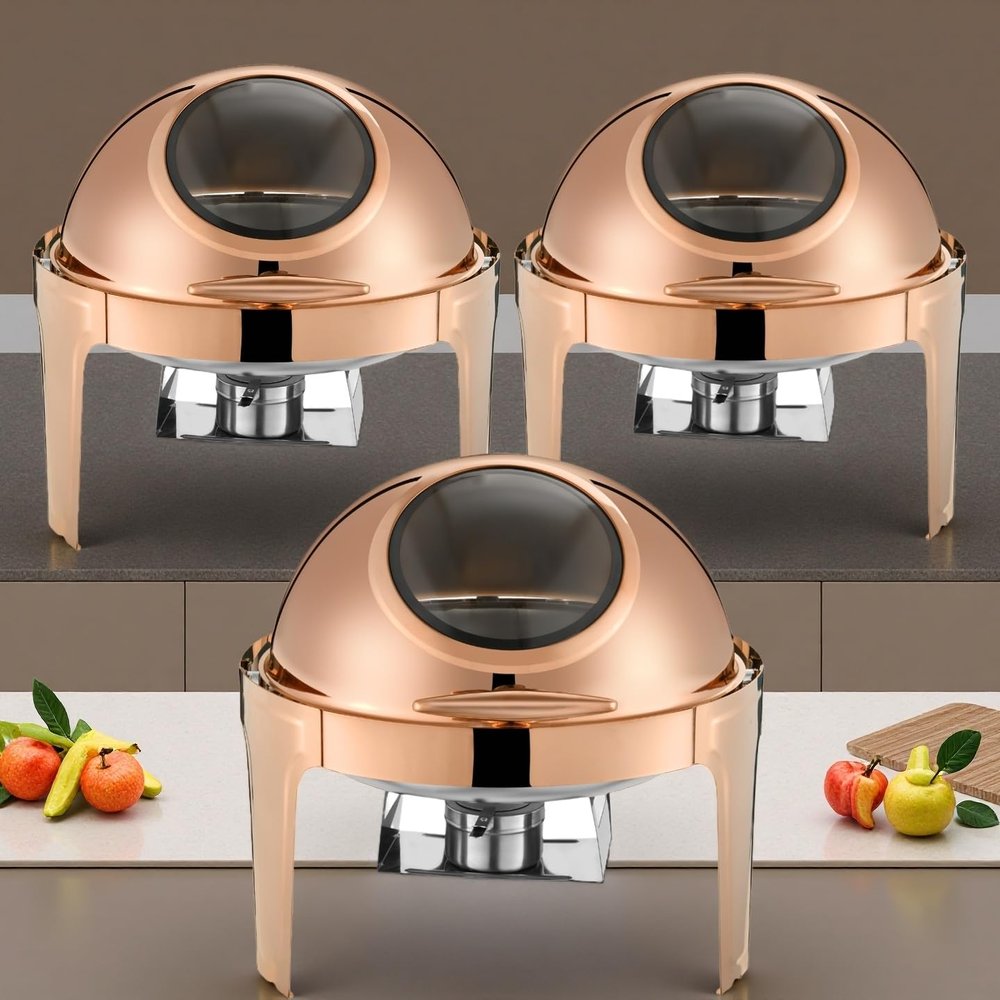 HONHPD 3 Pack 6.5 Qt Roll Top Chafing Dish Buffet Set, Stainless Steel Chafer with 3 Full Size Pans, Round Catering Warmer Server with Lid Water Pan Stand Fuel Holder,Newly Upgraded Rose Gold Color