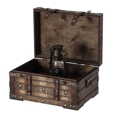 Wooden Brown Storage Trunk with Faux Leather Straps and Handles Small