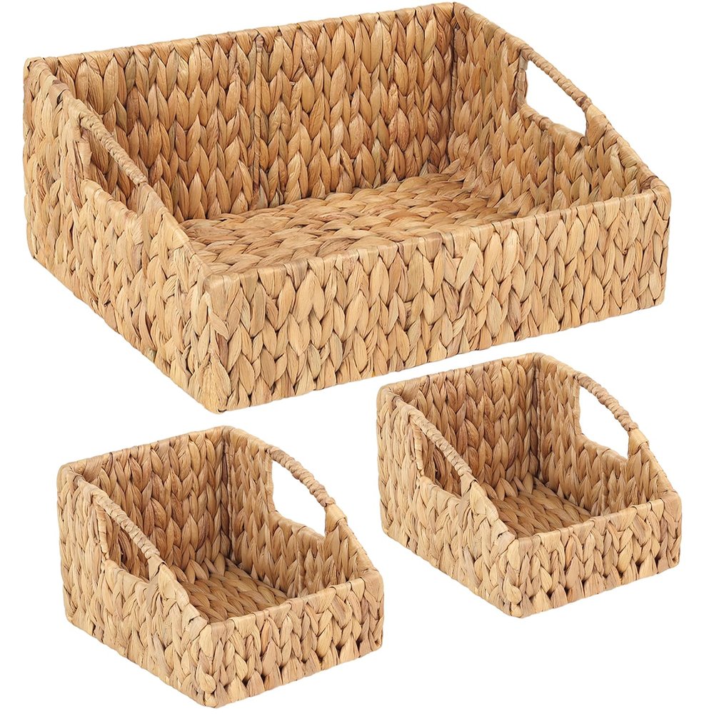 Set of 3 Handwoven Storage Baskets Decorative Natural Wicker Organizer Bins with Built-in Handles for Bathroom, Kitchen, Pantry, Nursery, Closet, Laundry, Living Room, and Home Use