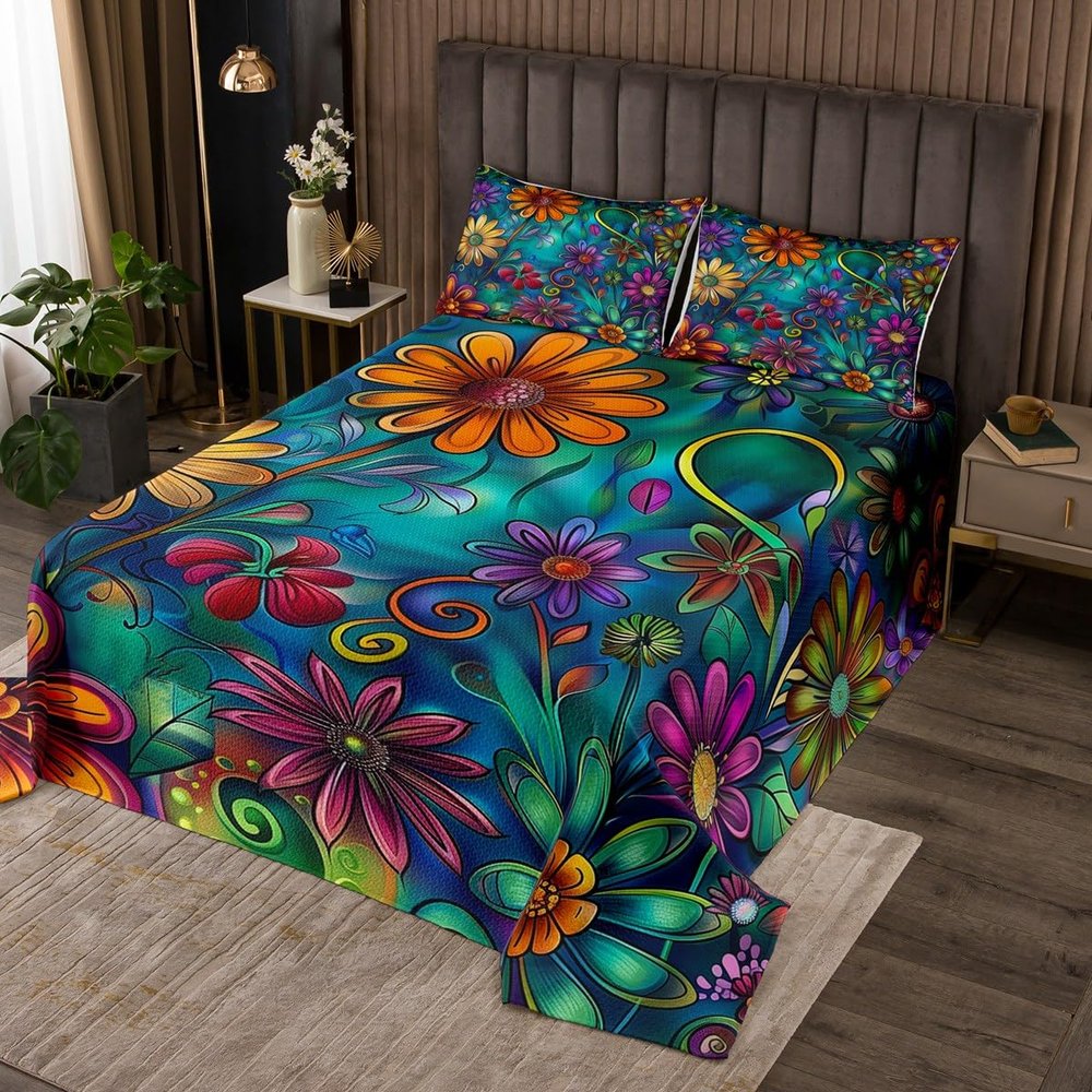 Erosebridal Gradient Boho Bedspread King Size Bohemian Ethnic Coverlet Set for Girls Women Tribal Rainbow Orange Teal Blue Quilted Coverlet Soft Luxury Quilted