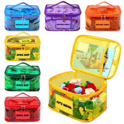 Tesuko 6 Pack Clear Toy Storage Bag with Name Tag& Manual Pocket, Waterproof Transparent PVC Toy Organizer Case for Lego Bricks, Board Games, Building Blocks, Puzzles (Large Capacity, Full Colourful)