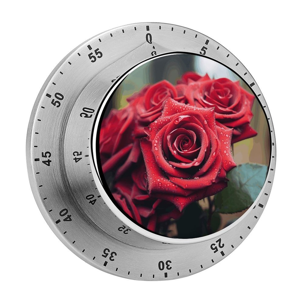 Beautiful Red Rose Kitchen Timers, Manual 60 Minute Wind Up Timer Clock with Loud Alarm, Magnetic Backing, Mechanical Kitchen Timers, No Batteries Required, Countdown Timer for Cooking Baking