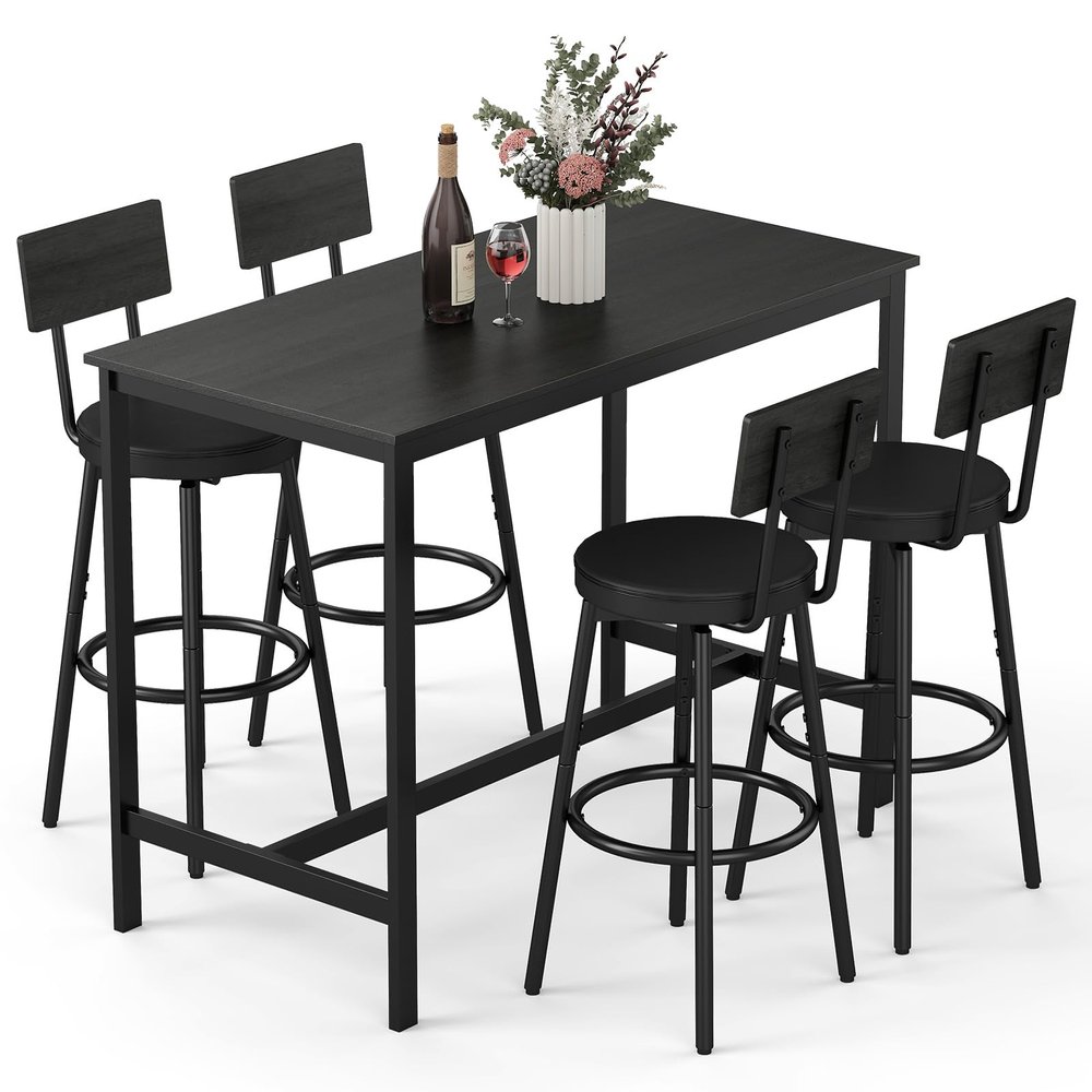 Zevemomo Dining Table Set for 4, 5-Piece Bar Table Set, Kitchen Table and Chairs, Counter Height High Top Table with 4 PU Upholstered Stools, Space-Saving Pub Tables Set for Small Space, Black