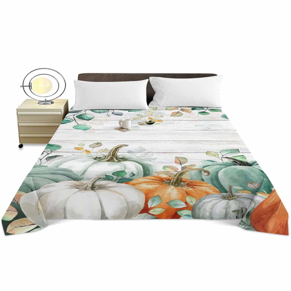 Queen Size Top Sheet Only, Country Thanksgiving Pumpkin Flat Sheet Microfiber Breathable Soft Bed Sheets, Ombre Leaves Retro Grain Hotel Bedding Flat Sheets for Bedroom