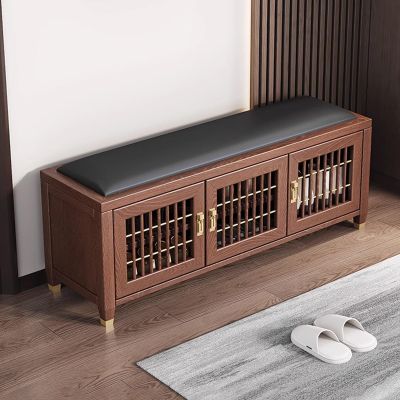 Shoe Bench with Cushion Solid Wood Entryway Bench with Shoe Storage, Ventilated Doors and Leather Surfaces, for Entry Bedroom Living Room Hallway(Black,118 * 35 * 46cm)