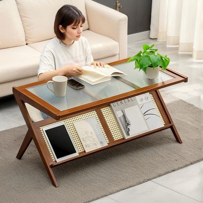 40 Inch Mid Century Modern Coffee Table, Rattan Rectangle Coffee Table with with Glass Top/Storage Underneath for Living Room, Z-Shaped Frame, Boho Style, Bamboo