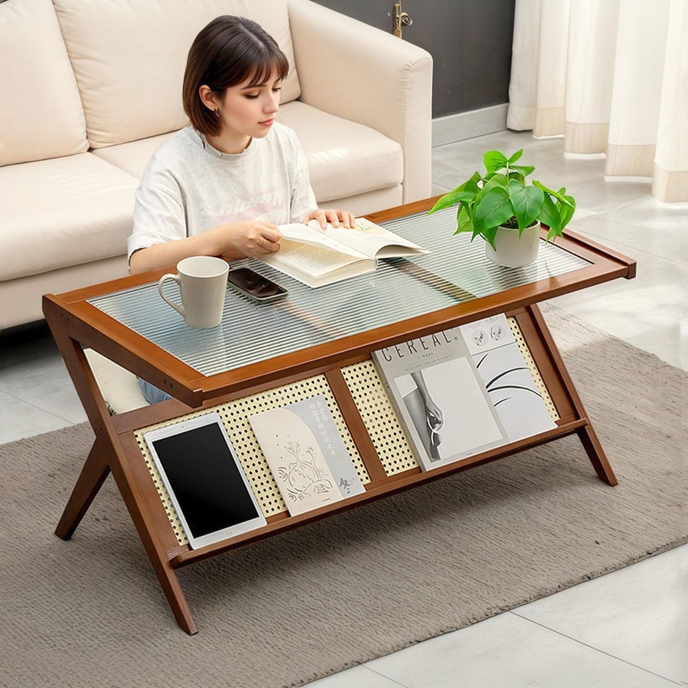 40 Inch Mid Century Modern Coffee Table, Rattan Rectangle Coffee Table with with Glass Top/Storage Underneath for Living Room, Z-Shaped Frame, Boho Style, Bamboo