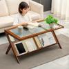 40 Inch Mid Century Modern Coffee Table, Rattan Rectangle Coffee Table with with Glass Top/Storage Underneath for Living Room, Z-Shaped Frame, Boho Style, Bamboo view 1