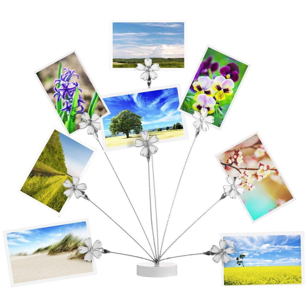 Homaisson Creative Metal Photo and Note Holder, Cherry Blossom Design, 8 Flower Clips, White Base, 10.4 Inches Tall, Ideal Gift for Students and Colleagues
