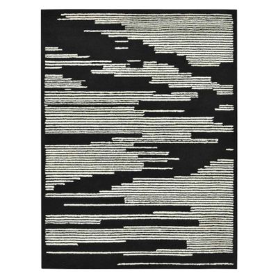 2' X 3' Black and Ivory Wool Abstract Hand Hooked Area Rug