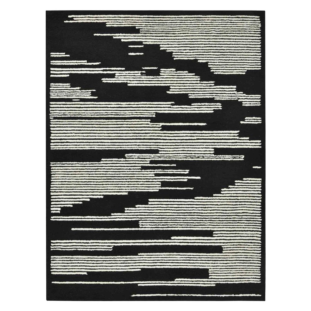 2' X 3' Black and Ivory Wool Abstract Hand Hooked Area Rug