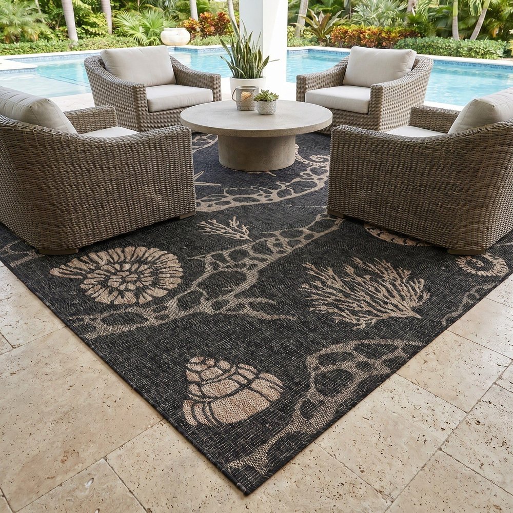 Rugs.com - Outdoor Coastal Rug 8 Ft Square Black Indoor/Outdoor Rug Weather Resistant Flatweave Seahorse Design for Patios, Decks, and Porches