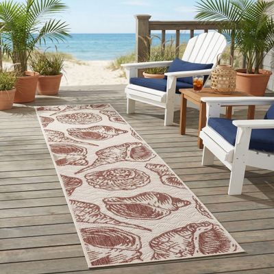 Rugs.com - Outdoor Coastal Rug 8 Ft Runner Ivory Rust Red Indoor/Outdoor Rug Flatweave Seashell Pattern for Patios, Porches, and Decks