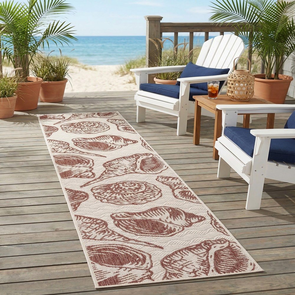 Rugs.com - Outdoor Coastal Rug 8 Ft Runner Ivory Rust Red Indoor/Outdoor Rug Flatweave Seashell Pattern for Patios, Porches, and Decks