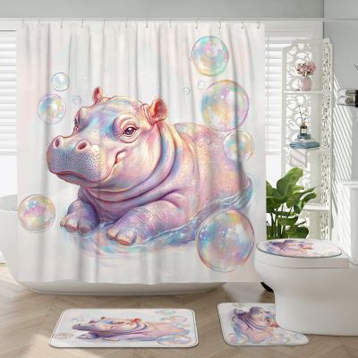 4PCS Funny Cute Hippos Bathroom Accessory Sets with Non-Slip Rug, U Shape and Toilet Lid Cover Mat, Bubble Sea Ocean Underwater Bathroom Fabric Decor-72''x72''