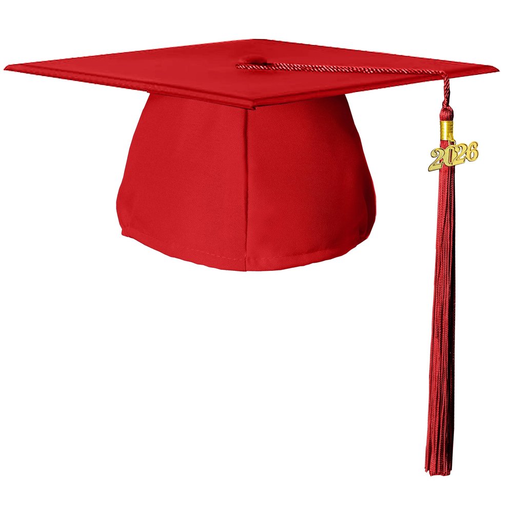 GradGlory Unisex Matte Adult Graduation Cap with 2026 and 2027 Tassel Year Charm High School & Bachelor Red
