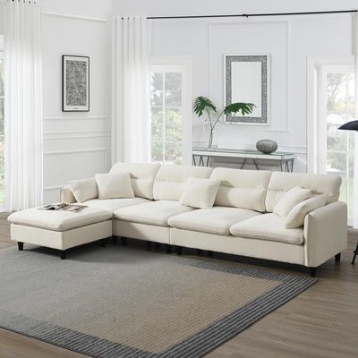 110 * 62" Modern Convertible Sectional Sofa,L-Shaped Reversible Couch Set with Free Pillows,5 Seat Cloud Chenille Indoor Furniture with Ottoman for Living Room (Beige + Chenille + 5 Seat)