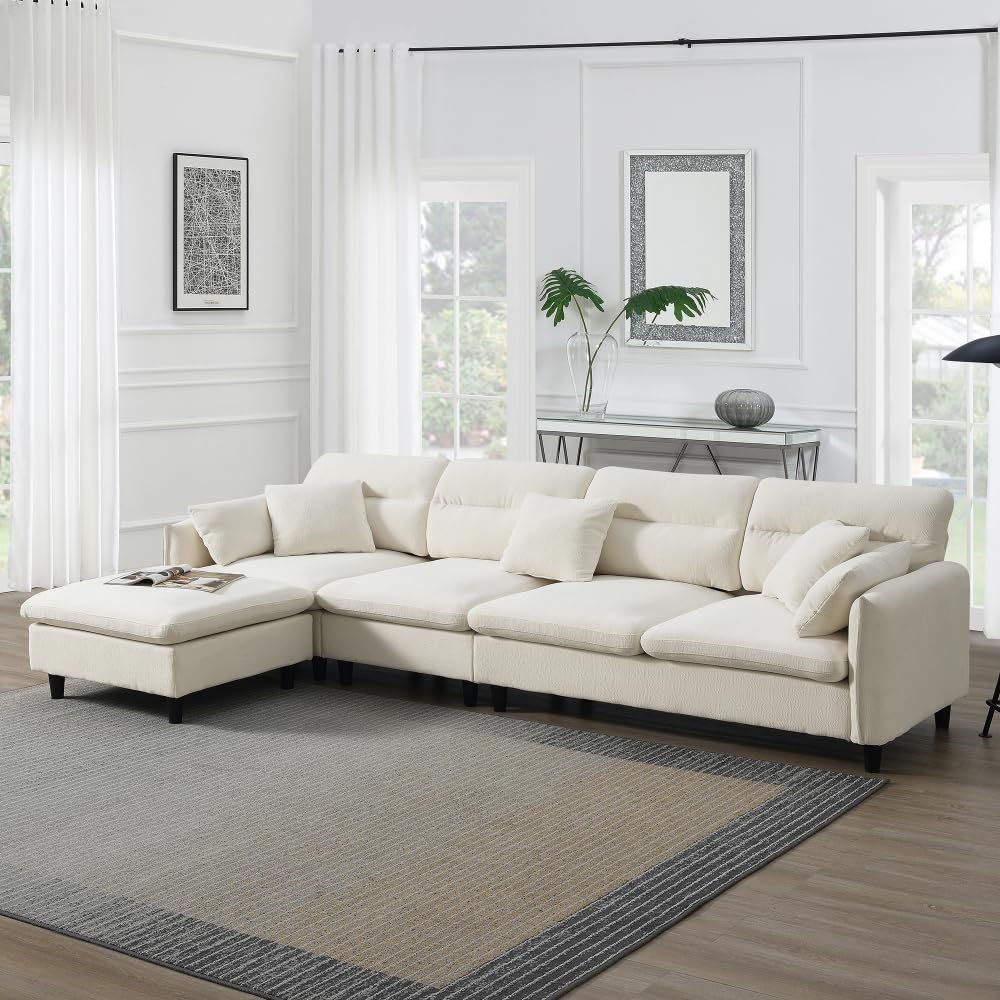 110 * 62" Modern Convertible Sectional Sofa,L-Shaped Reversible Couch Set with Free Pillows,5 Seat Cloud Chenille Indoor Furniture with Ottoman for Living Room (Beige + Chenille + 5 Seat)