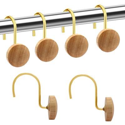 Shower Curtain Hooks, Wood Decorative Shower Curtain Rings, Modern Round Log Shower Curtain Hangers, 12PCS Shower Hooks for Shower Curtain Rod, Bedroom, Living Room (Gold 2)