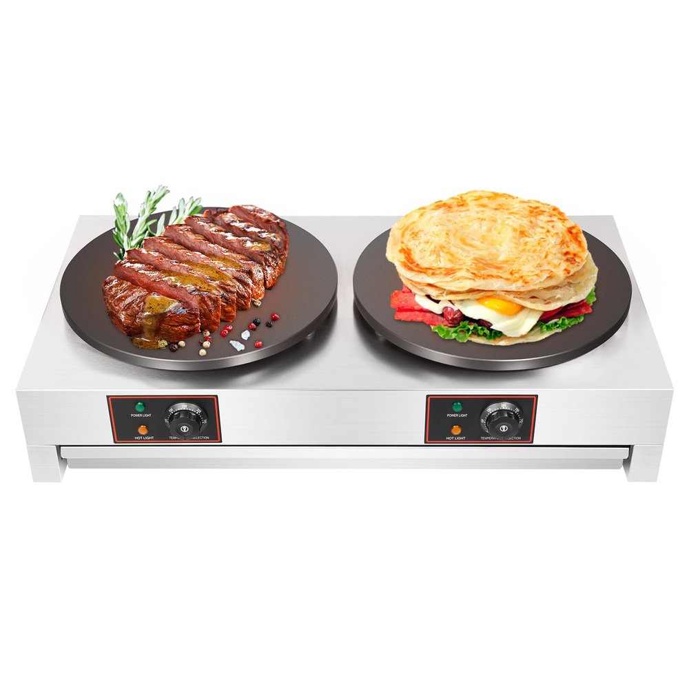 16 In Commercial Crepe Maker, 3.4KW Electric Dual Hot Round Crepe Plate Griddle Machine Non-Stick Pancake Maker with Adjustable Temperature Control 50-300 C /122-572 F for Blintzes,Eggs,Tortilla