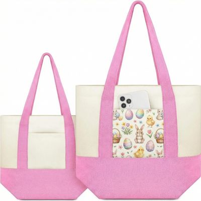 Amylove Mini Canvas Tote Bag with Pockets Duty Canvas Sublimation Blank Small Bag Mini Reusable Tote for Crafts DIY(13" X 11", 19" X 15",Pastel Pink Color,2 Pcs)