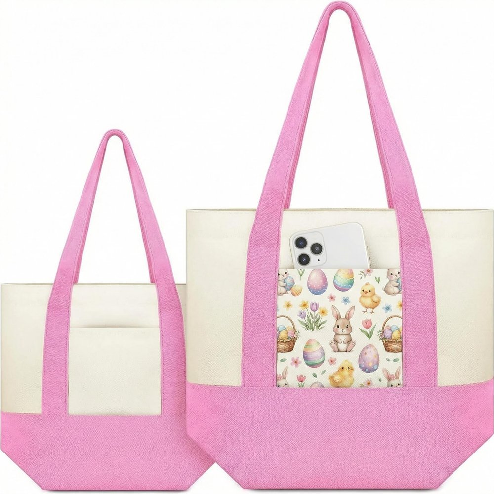 Amylove Mini Canvas Tote Bag with Pockets Duty Canvas Sublimation Blank Small Bag Mini Reusable Tote for Crafts DIY(13" X 11", 19" X 15",Pastel Pink Color,2 Pcs)