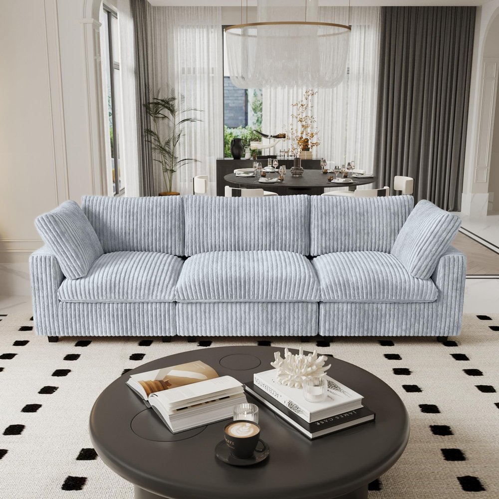 118" Modern Sectional Sofa for Living Room, Cloud Couch with Deep Seat, Solid Wood Frame, 3 Seat Sofa for Living Room Bedroom, Grey