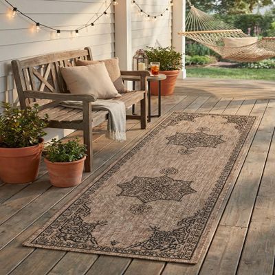 Rugs.com - Outdoor Traditional Rug 10 Ft Runner Beige Indoor/Outdoor Rug Weather-Resistant Runner for Patios, Decks, Porches, and High-Traffic Walkways