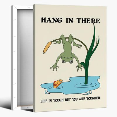 Funny Motivational Frog Poster Hang in There Wall Art Print Trendy Positive Quote for Living Room Bedroom Office Dorm Kids Room Cute Animal Humor Decor for Tough Days 12x18inch Framed