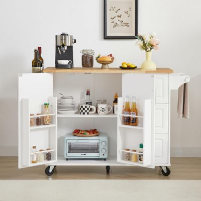 Mobile Kitchen Island Cart on Wheels with Locking Casters, Compact Rolling Workstation for Food Prep, Multi-Functional Storage Organizer with Shelves & Drawers, Space saving (White + Spice rack)