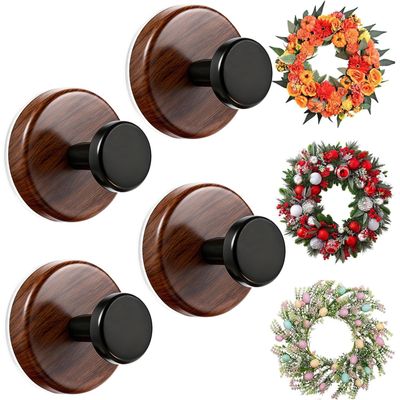 TFXXSJWY Suction Cup Wreath Hanger, Suction Cup Hooks for Front Door/Glass Window/Over Door, Christmas/Thanksgiving/Halloween/July 4th / Easter/Valentine/Spring/Summer/Fall (Walnut, 4-Pack)