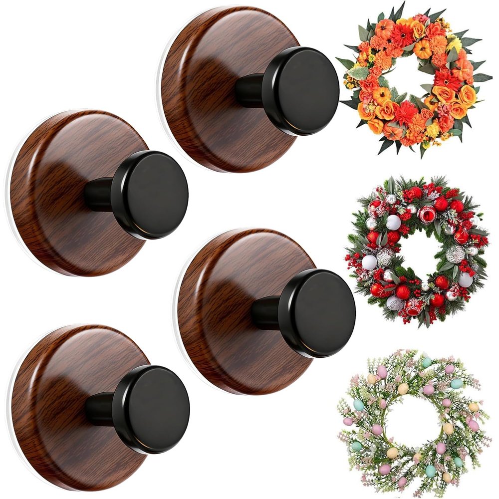 TFXXSJWY Suction Cup Wreath Hanger, Suction Cup Hooks for Front Door/Glass Window/Over Door, Christmas/Thanksgiving/Halloween/July 4th / Easter/Valentine/Spring/Summer/Fall (Walnut, 4-Pack)