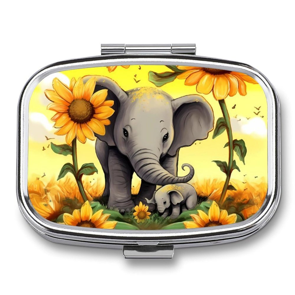 BWQJKUO Portable Square Metal Elephant Sunflowers Printed Medicine Box - Durable And Waterproof Intimate Medical Companion