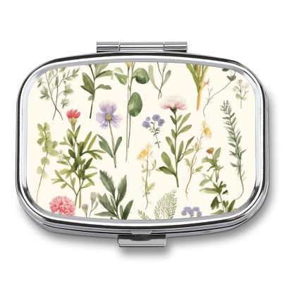 BWQJKUO Portable Square Metal Season Watercolors of Herbs Flowersb Printed Medicine Box - Durable And Waterproof Intimate Medical Companion